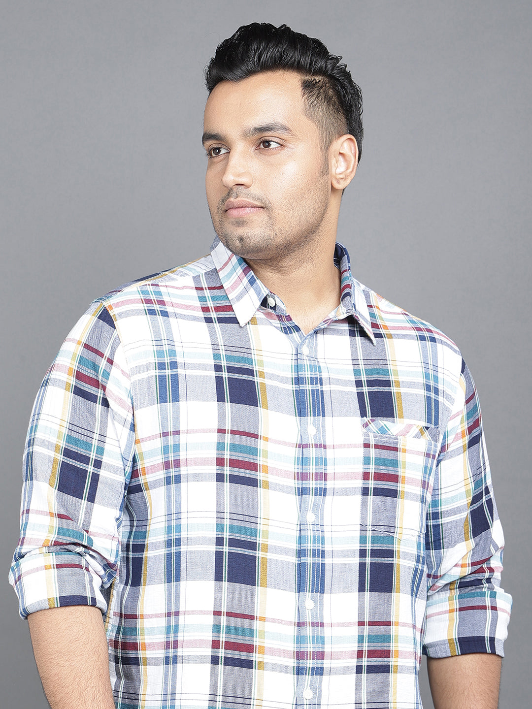 White Blue Linen Checkered Plus Size Shirt. Style code- NC-2K40