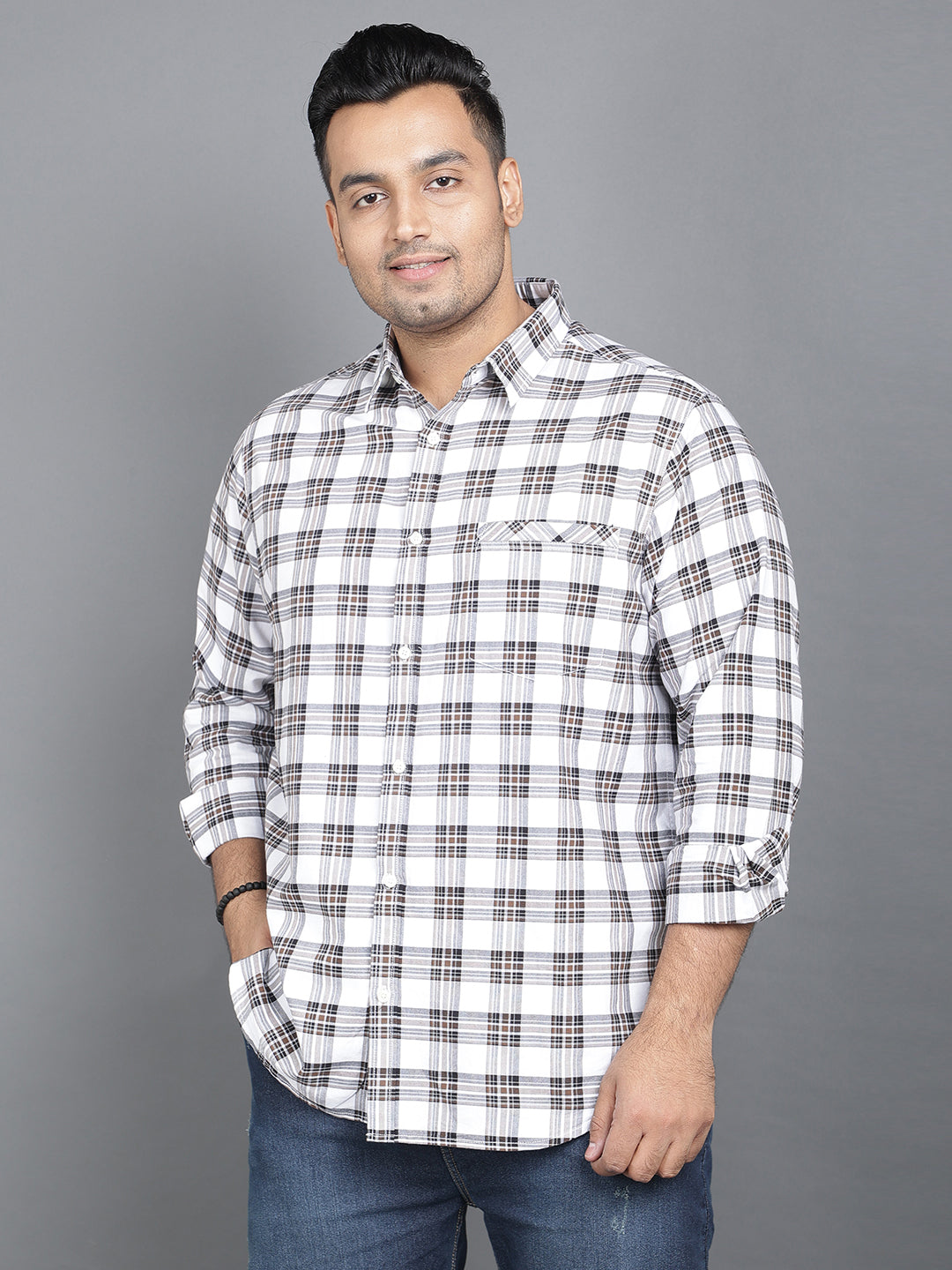 White and Brown Pure Cotton Checkered Shirt .. Style Code-2k31