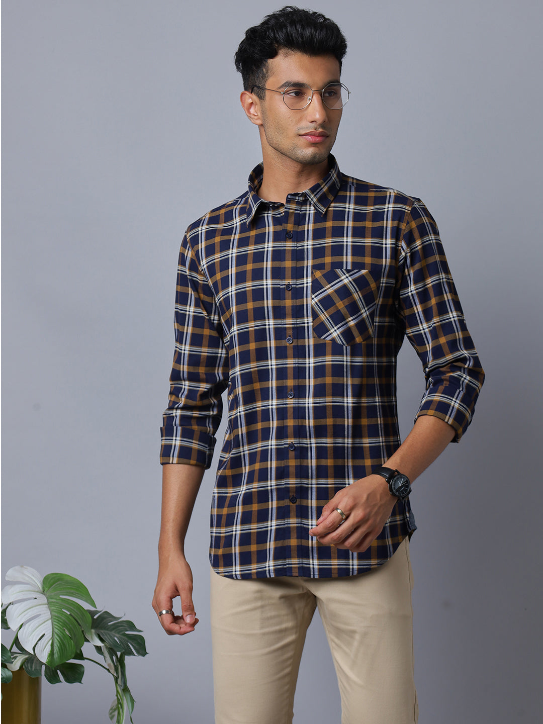 Men Navy Cotton Lycra Checkered Long Sleeve Slim Fit Casual Shirt Style(NC-2K66-NAVY)