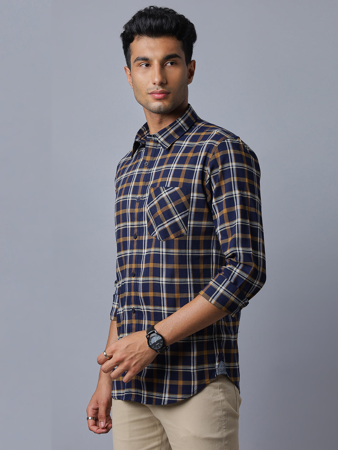 Men Navy Cotton Lycra Checkered Long Sleeve Slim Fit Casual Shirt Style(NC-2K66-NAVY)