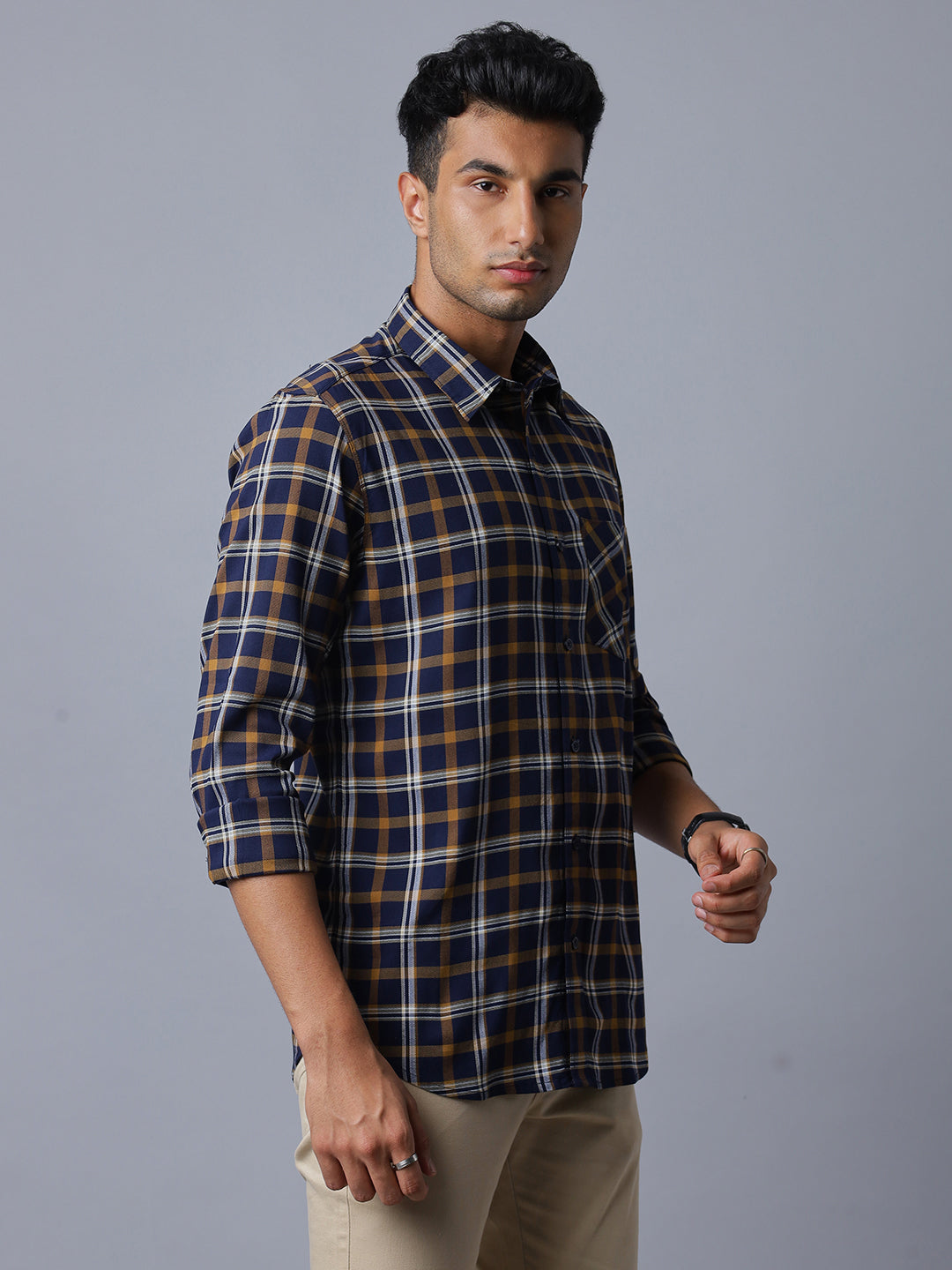 Men Navy Cotton Lycra Checkered Long Sleeve Slim Fit Casual Shirt Style(NC-2K66-NAVY)