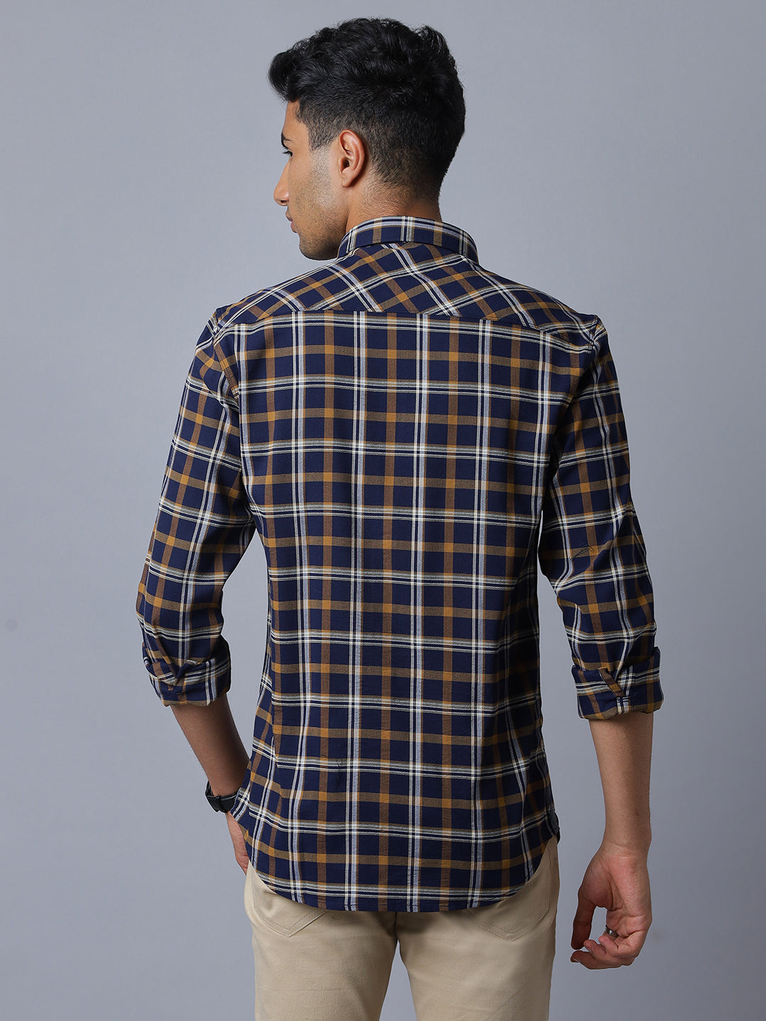 Men Navy Cotton Lycra Checkered Long Sleeve Slim Fit Casual Shirt Style(NC-2K66-NAVY)