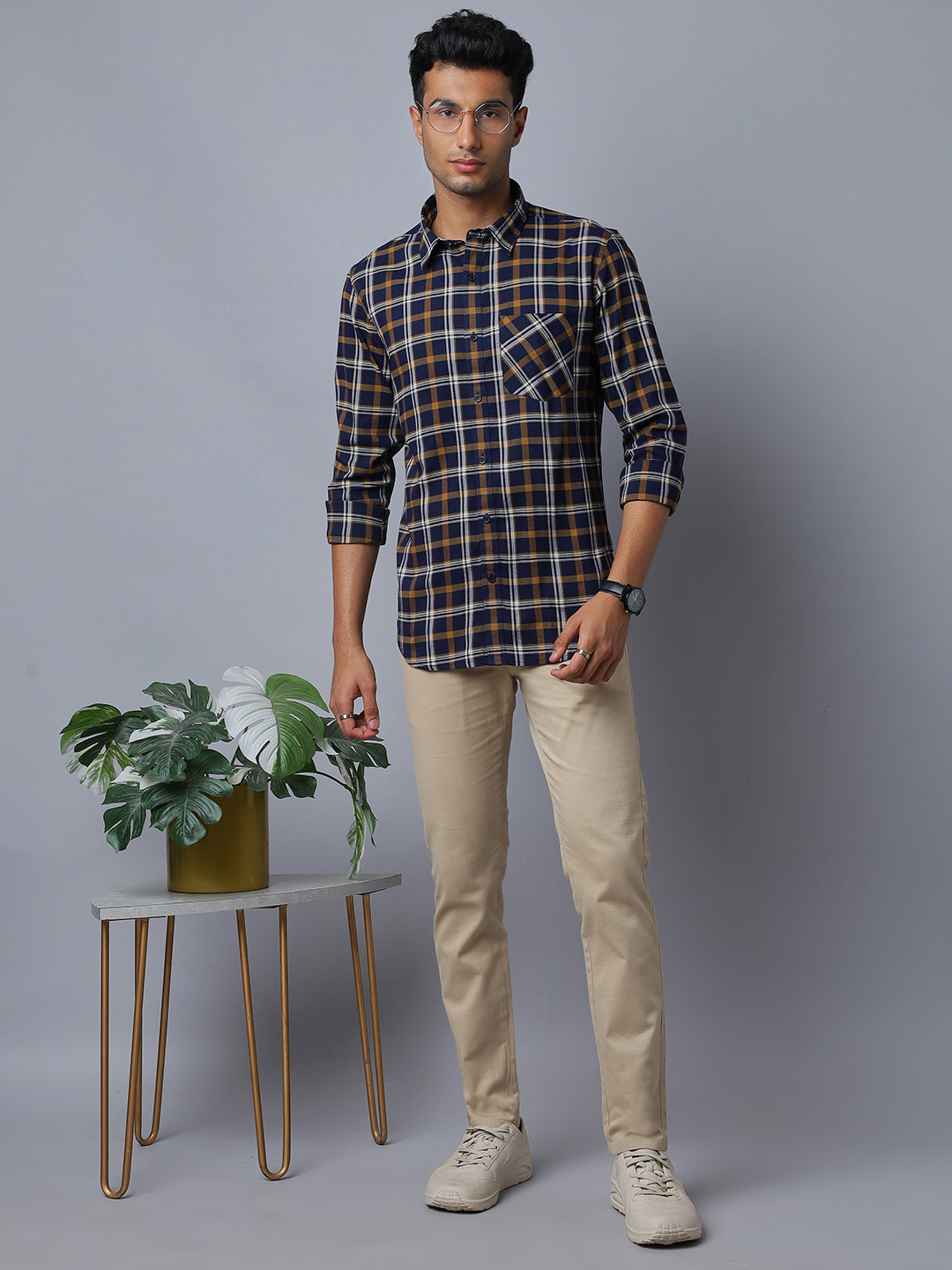 Men Navy Cotton Lycra Checkered Long Sleeve Slim Fit Casual Shirt Style(NC-2K66-NAVY)