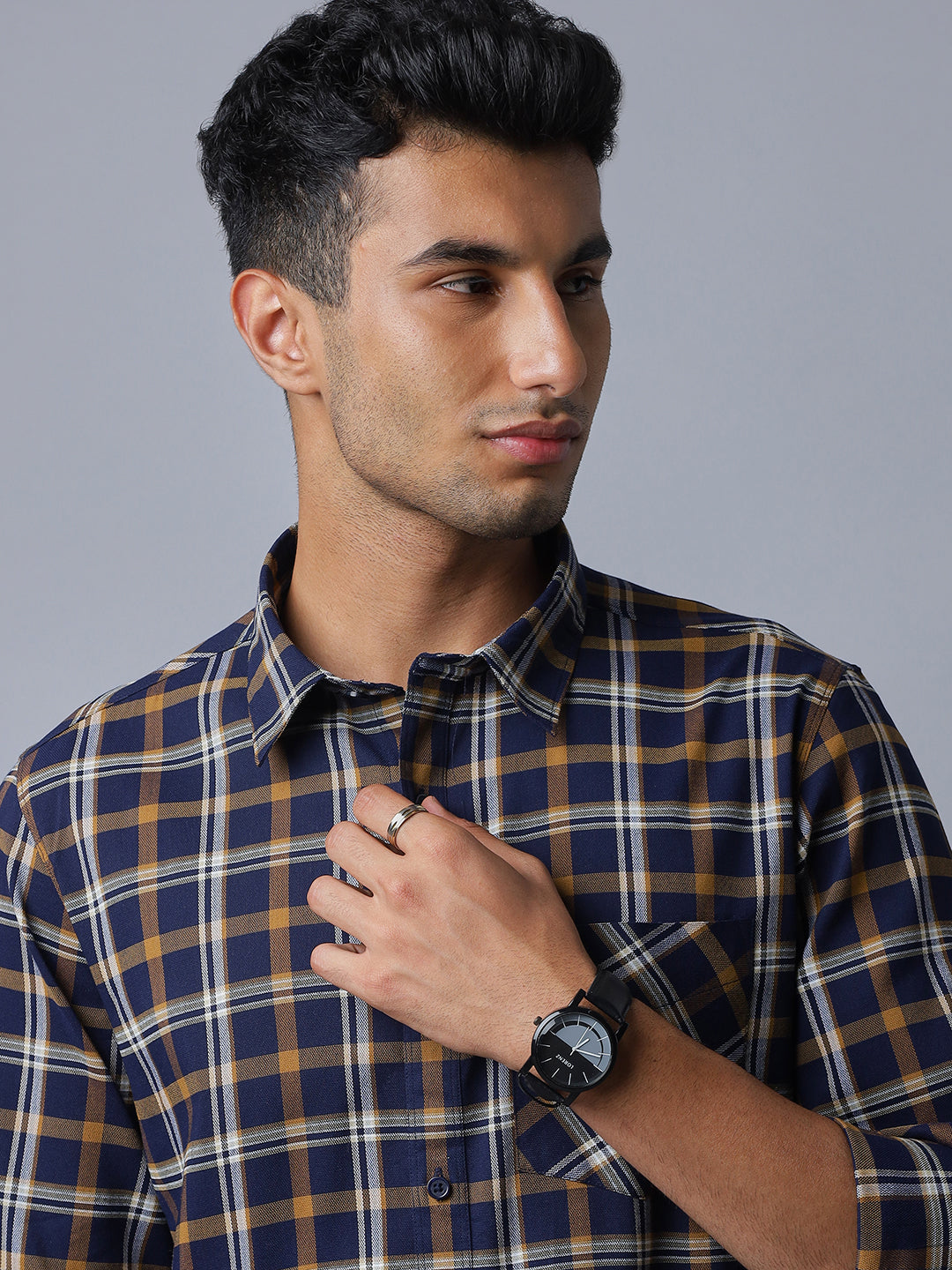 Men Navy Cotton Lycra Checkered Long Sleeve Slim Fit Casual Shirt Style(NC-2K66-NAVY)