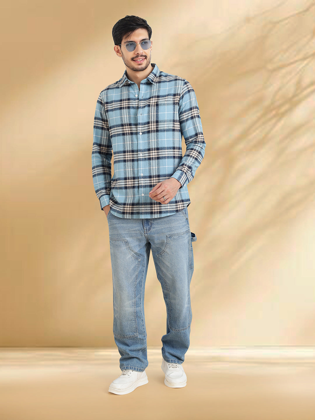 Men Brushed Flannel Sky Blue, Navy and White Checkered Classic Fit Smart Casual Shirt
