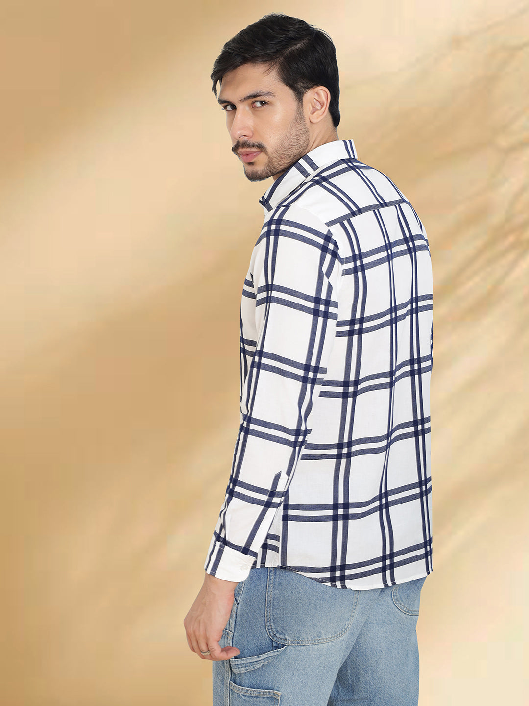 Men White and Black Checkered Classic Fit Smart Casual Shirt