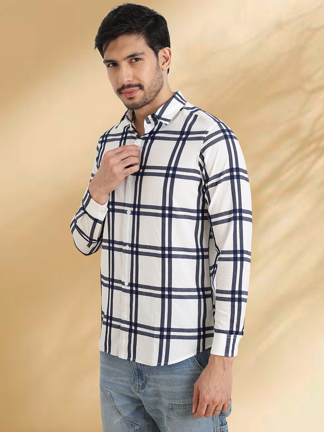 Men White and Black Checkered Classic Fit Smart Casual Shirt