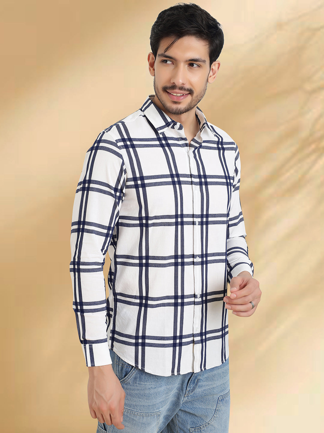 Men White and Black Checkered Classic Fit Smart Casual Shirt