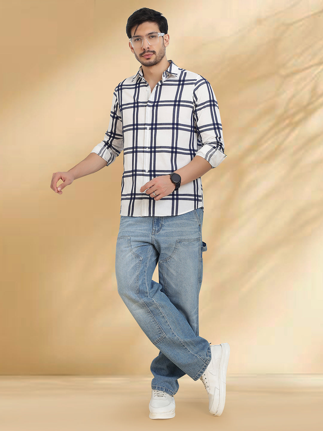 Men White and Black Checkered Classic Fit Smart Casual Shirt