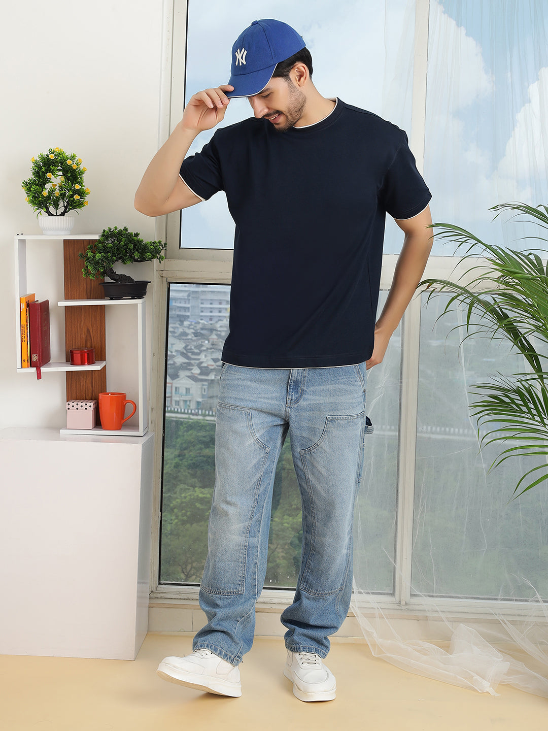 Men Oversize Navy Blue Baggy Fit Short Sleeve T Shirt - Style Code- OS-102-NAVY