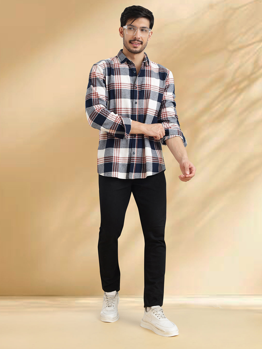 Men Brushed Flannel Navy Maroon and White Checkered Classic Fit Smart Casual Shirt