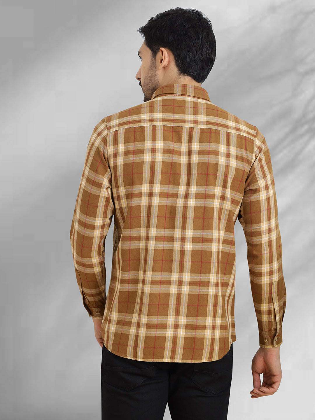 Men Brushed Flannel Mustered and White Checkered Classic Fit Smart Casual Shirt