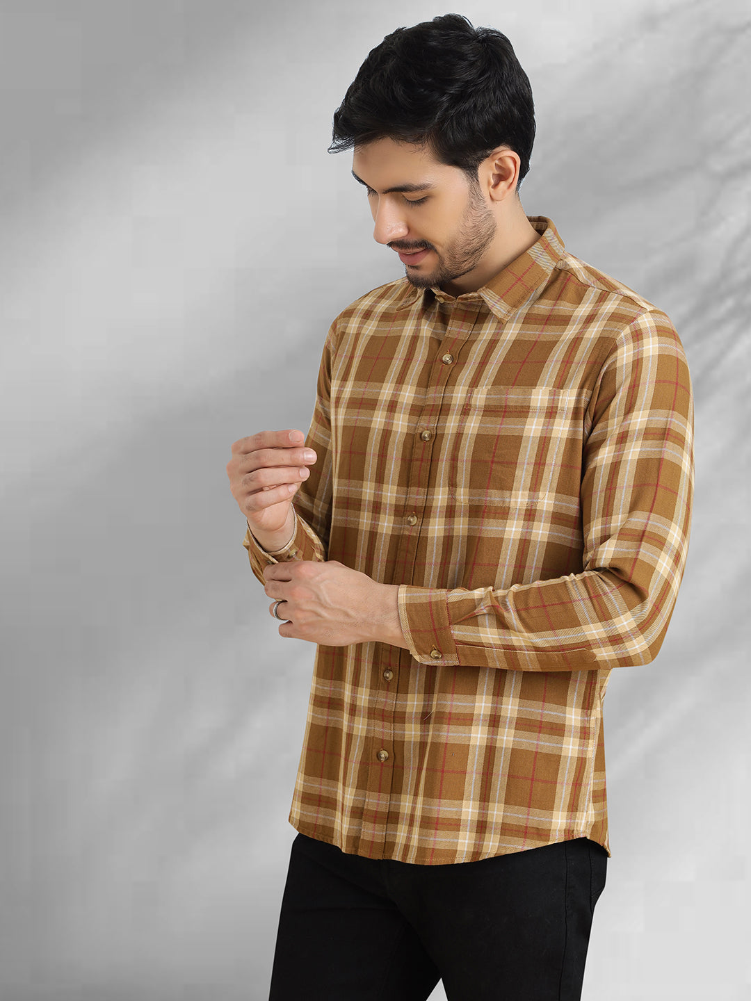 Men Brushed Flannel Mustered and White Checkered Classic Fit Smart Casual Shirt