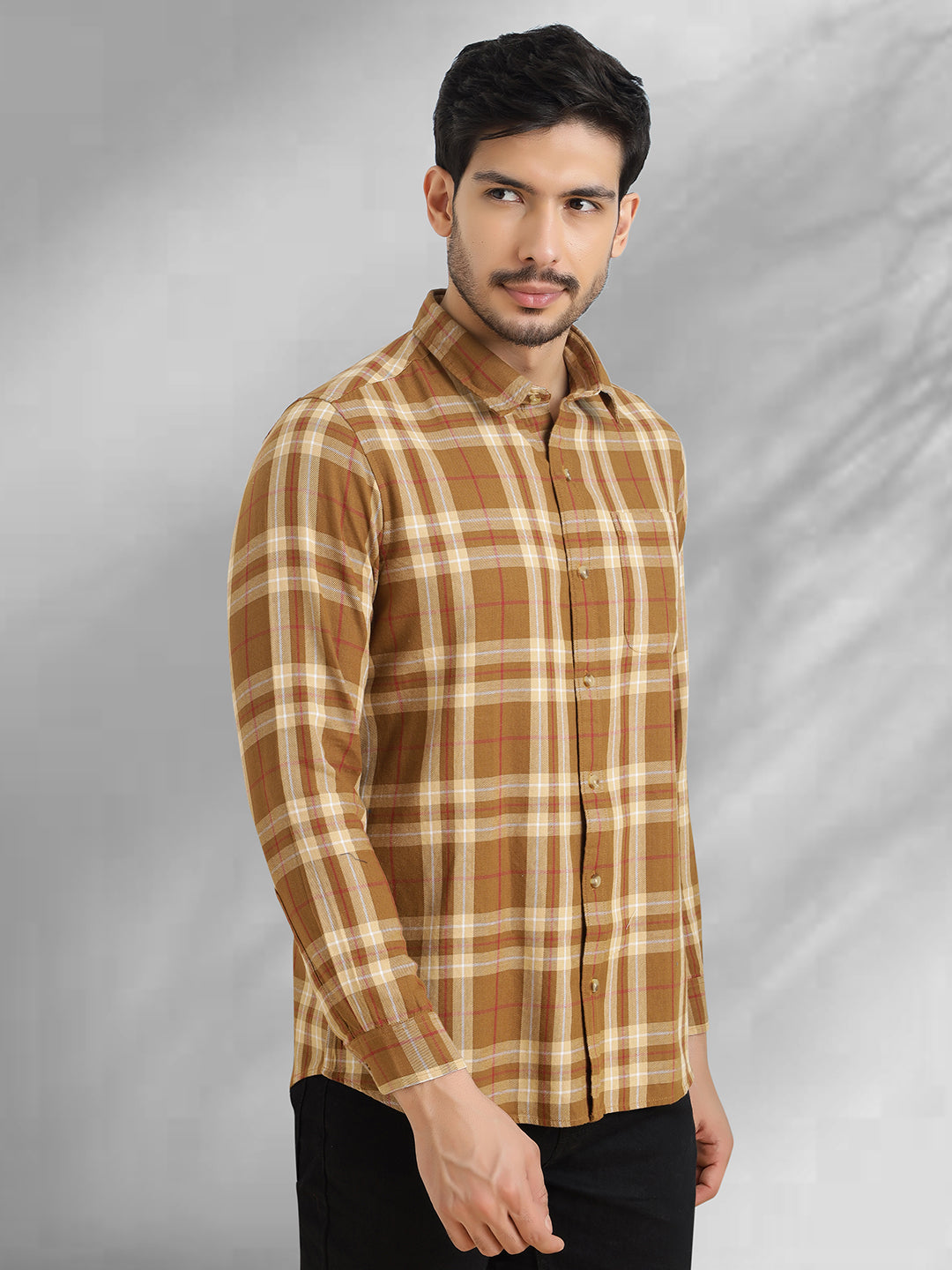 Men Brushed Flannel Mustered and White Checkered Classic Fit Smart Casual Shirt