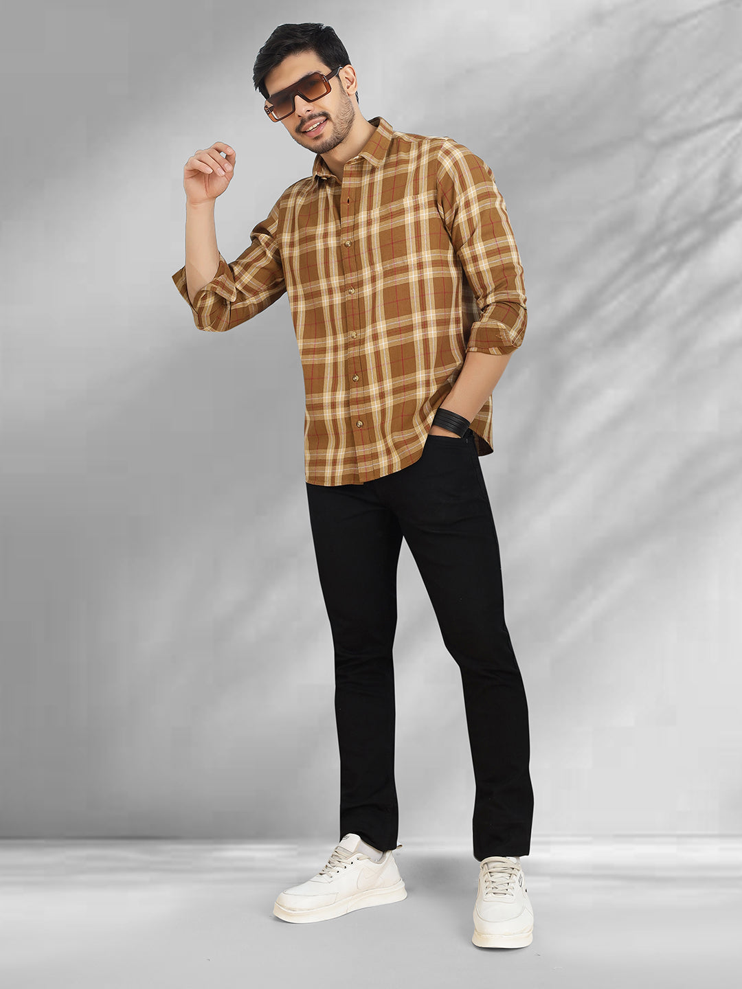 Men Brushed Flannel Mustered and White Checkered Classic Fit Smart Casual Shirt