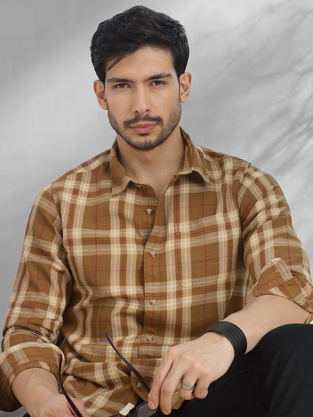 Men Brushed Flannel Mustered and White Checkered Classic Fit Smart Casual Shirt