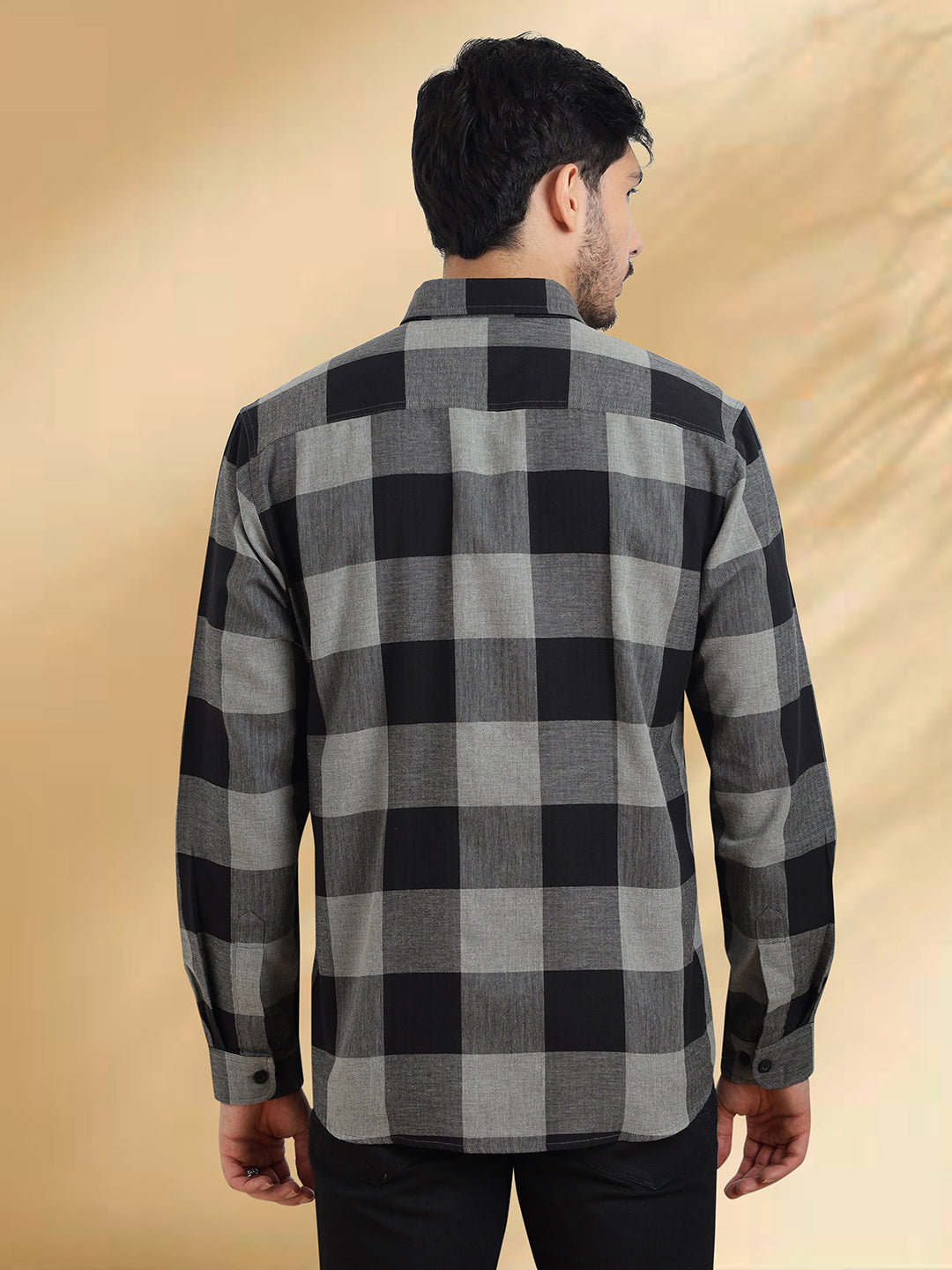Men Black and Grey Checkered Classic Fit Smart Casual Shirt