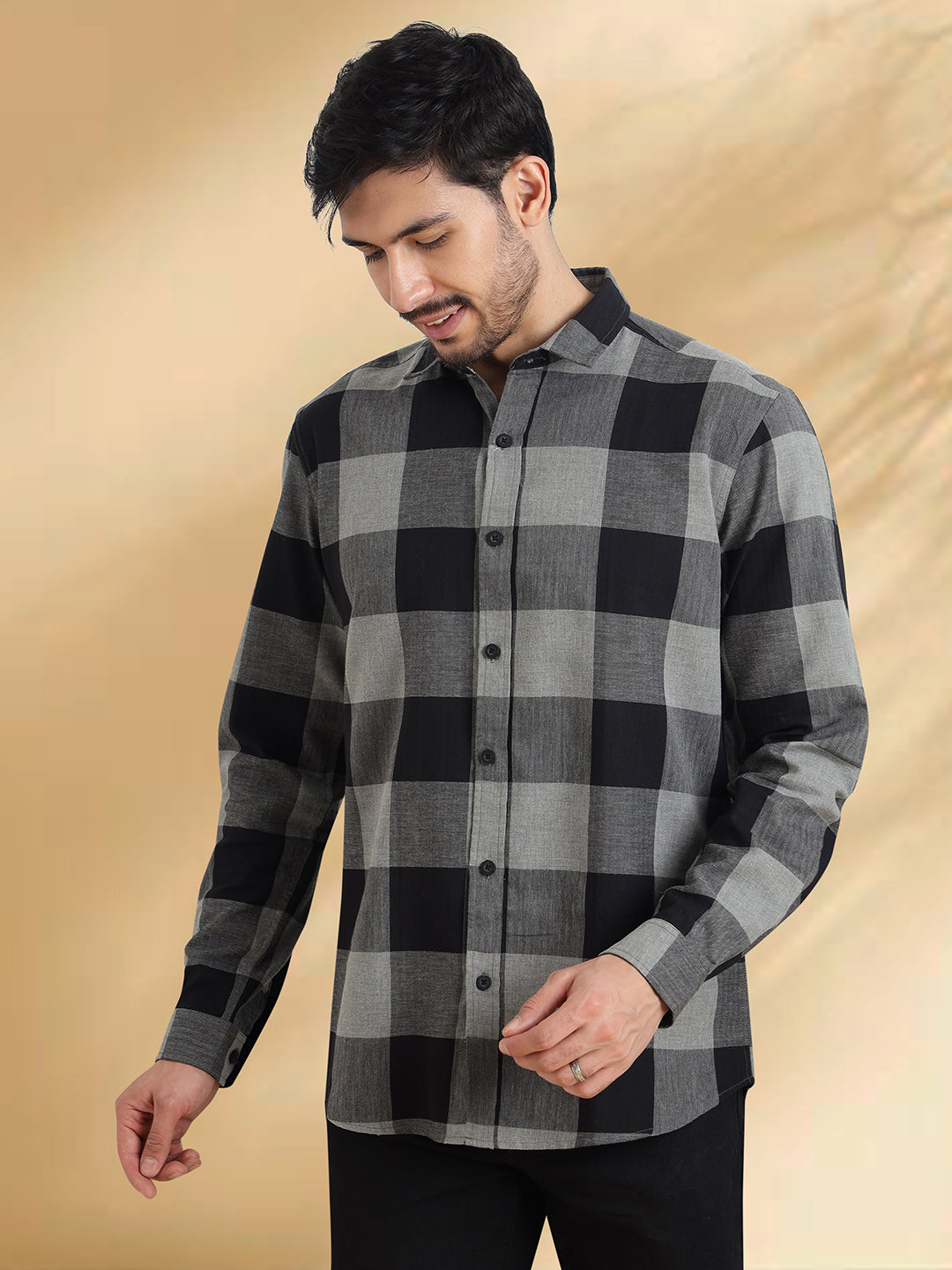 Men Black and Grey Checkered Classic Fit Smart Casual Shirt