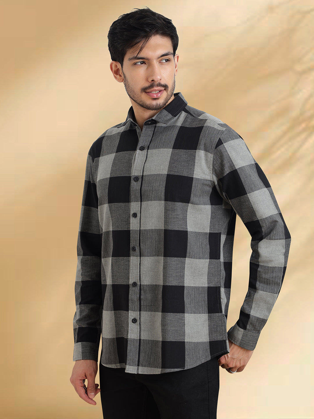 Men Black and Grey Checkered Classic Fit Smart Casual Shirt