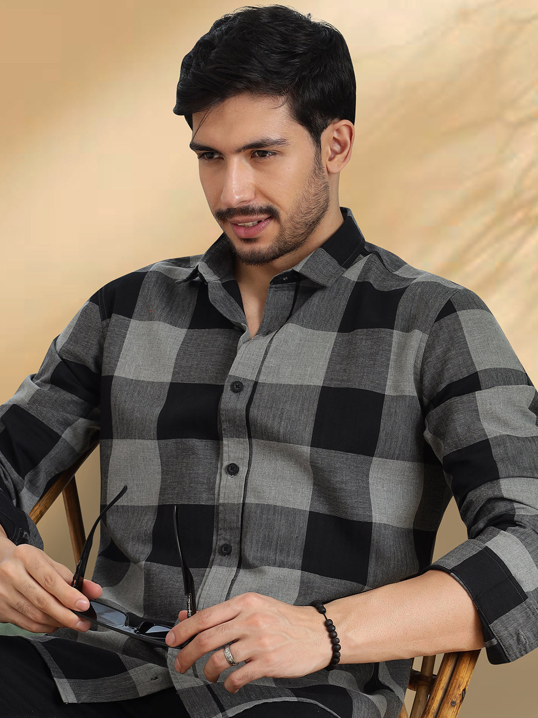 Men Black and Grey Checkered Classic Fit Smart Casual Shirt