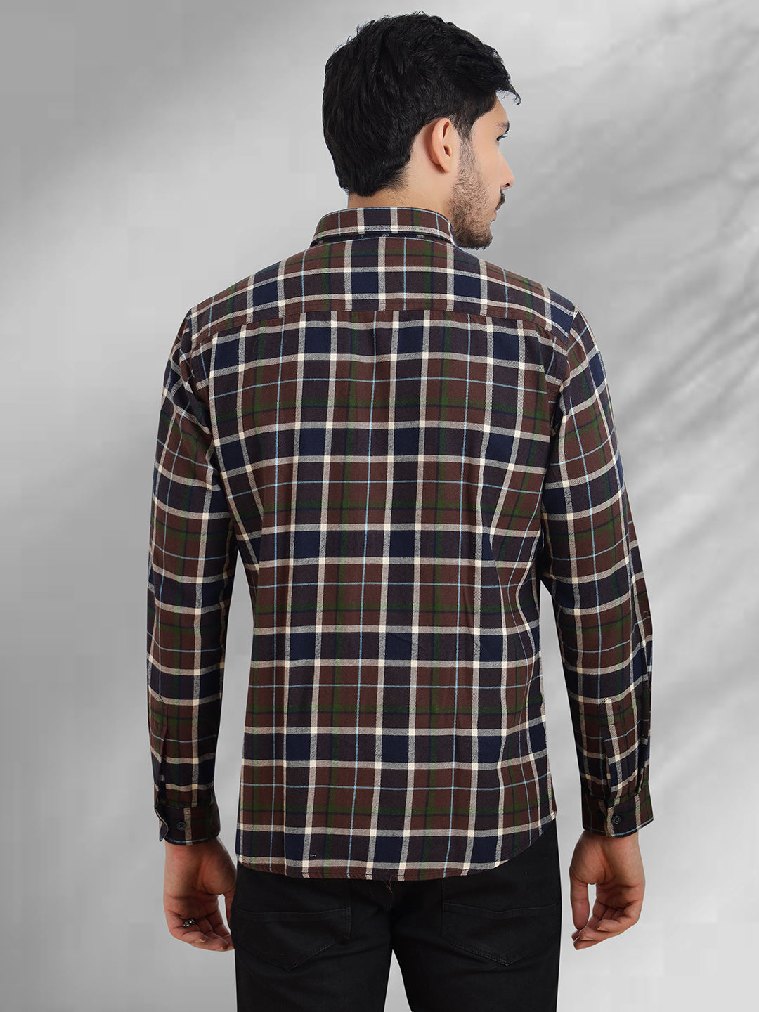 Men Brushed Flannel Navy Coffee and White Checkered Classic Fit Smart Casual Shirt
