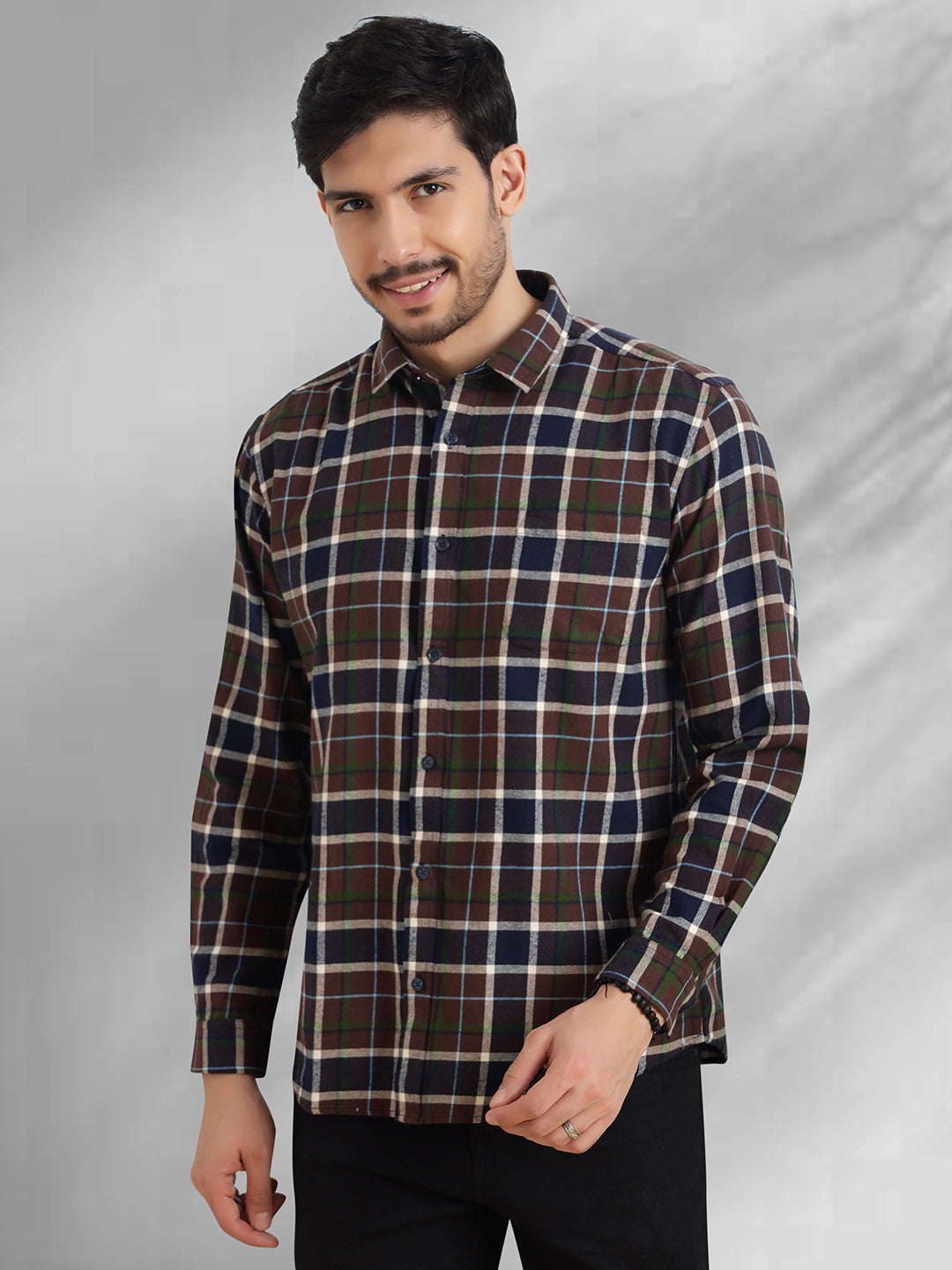 Men Brushed Flannel Navy Coffee and White Checkered Classic Fit Smart Casual Shirt