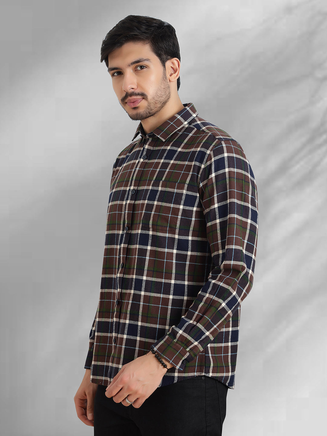 Men Brushed Flannel Navy Coffee and White Checkered Classic Fit Smart Casual Shirt