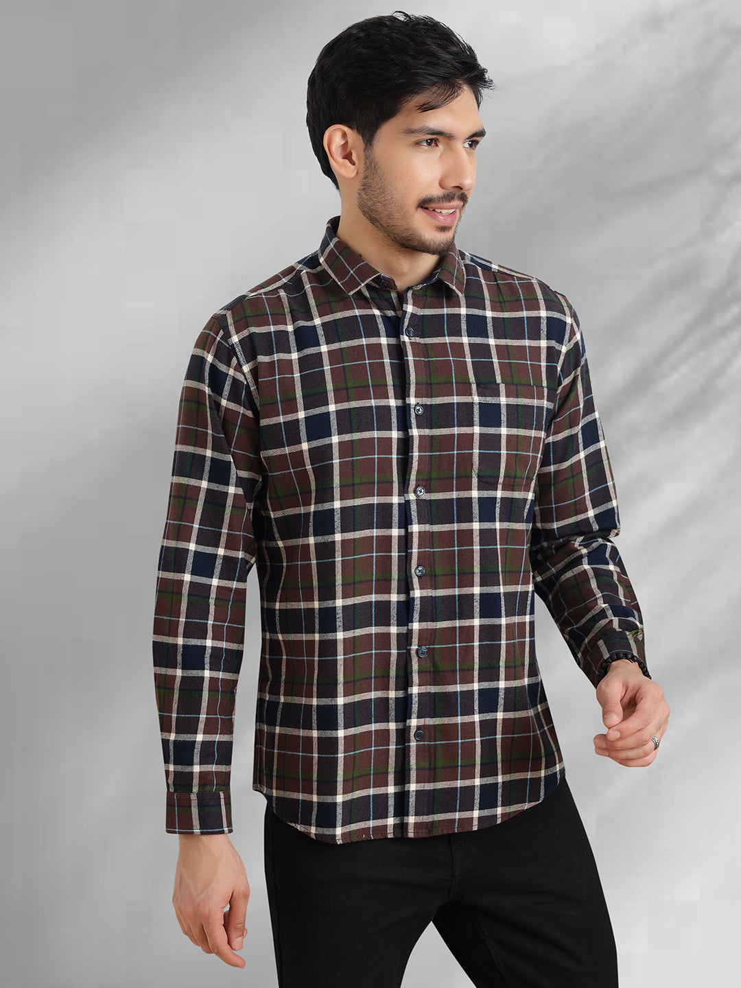 Men Brushed Flannel Navy Coffee and White Checkered Classic Fit Smart Casual Shirt