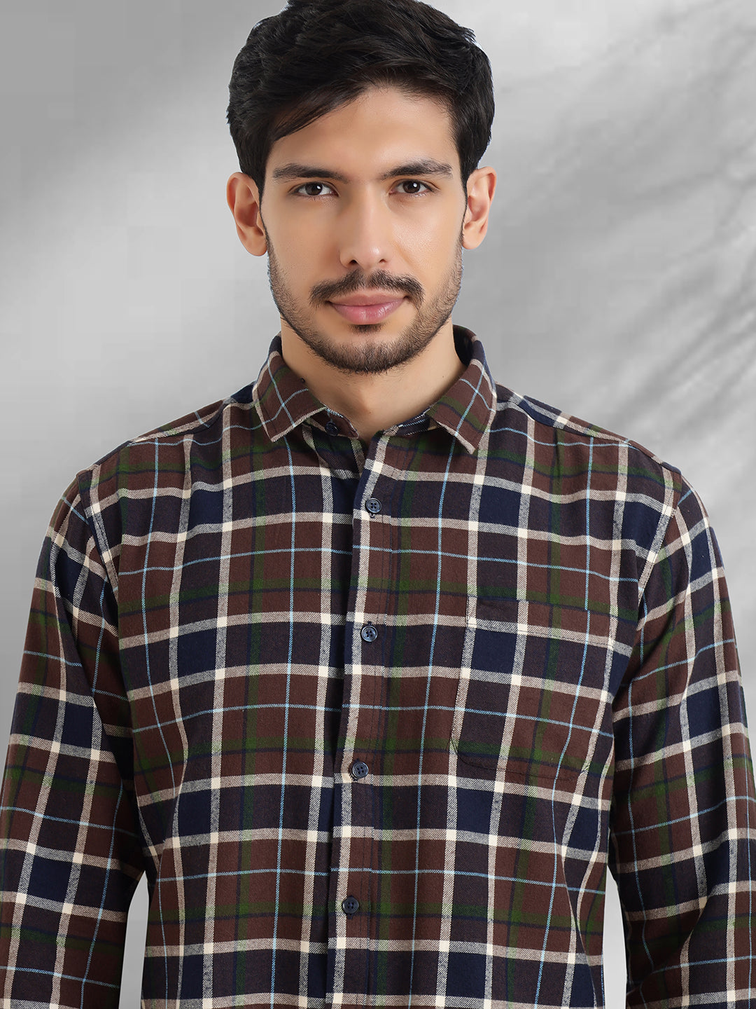 Men Brushed Flannel Navy Coffee and White Checkered Classic Fit Smart Casual Shirt