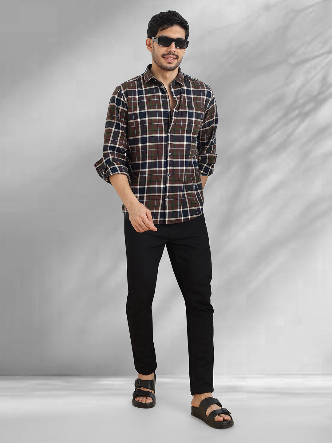 Men Brushed Flannel Navy Coffee and White Checkered Classic Fit Smart Casual Shirt