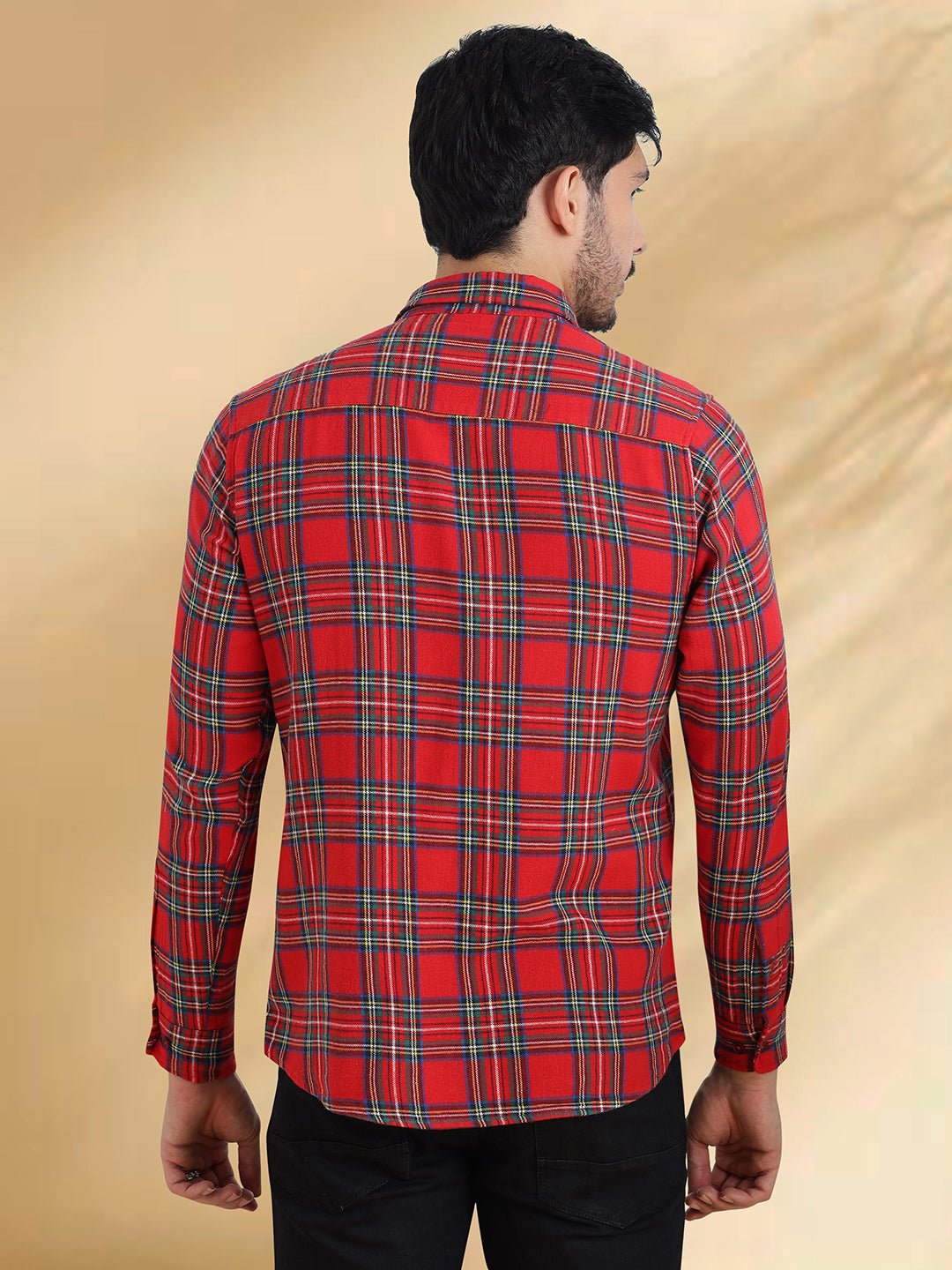 Men Brushed Flannel Red, Navy and White Checkered Classic Fit Smart Casual Shirt