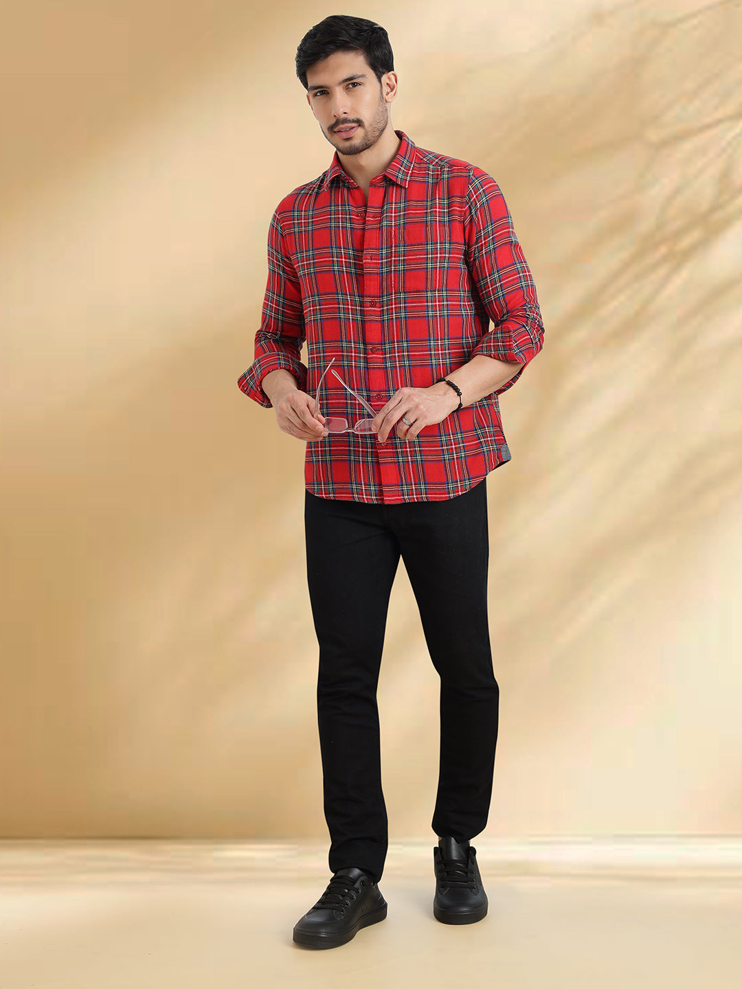 Men Brushed Flannel Red, Navy and White Checkered Classic Fit Smart Casual Shirt