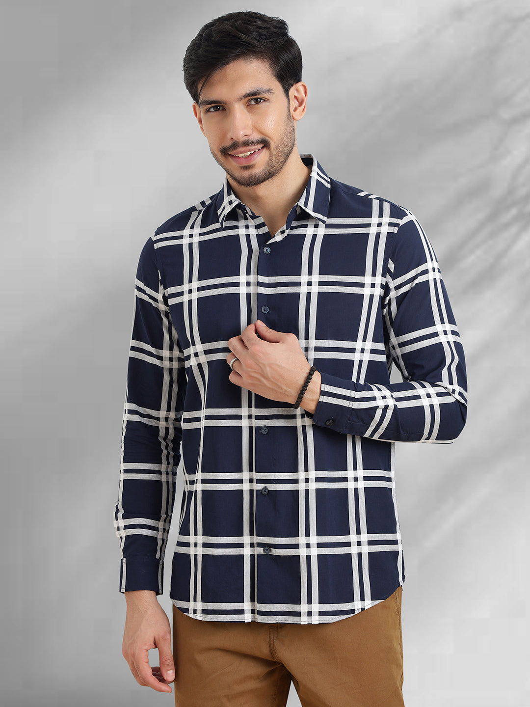 Men Navy and White Checkered Classic Fit Smart Casual Shirt