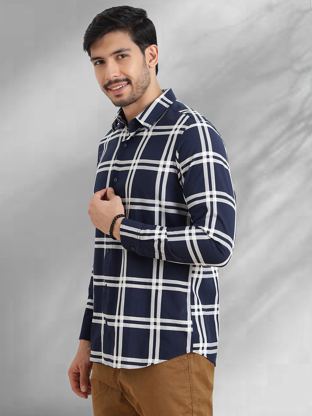 Men Navy and White Checkered Classic Fit Smart Casual Shirt