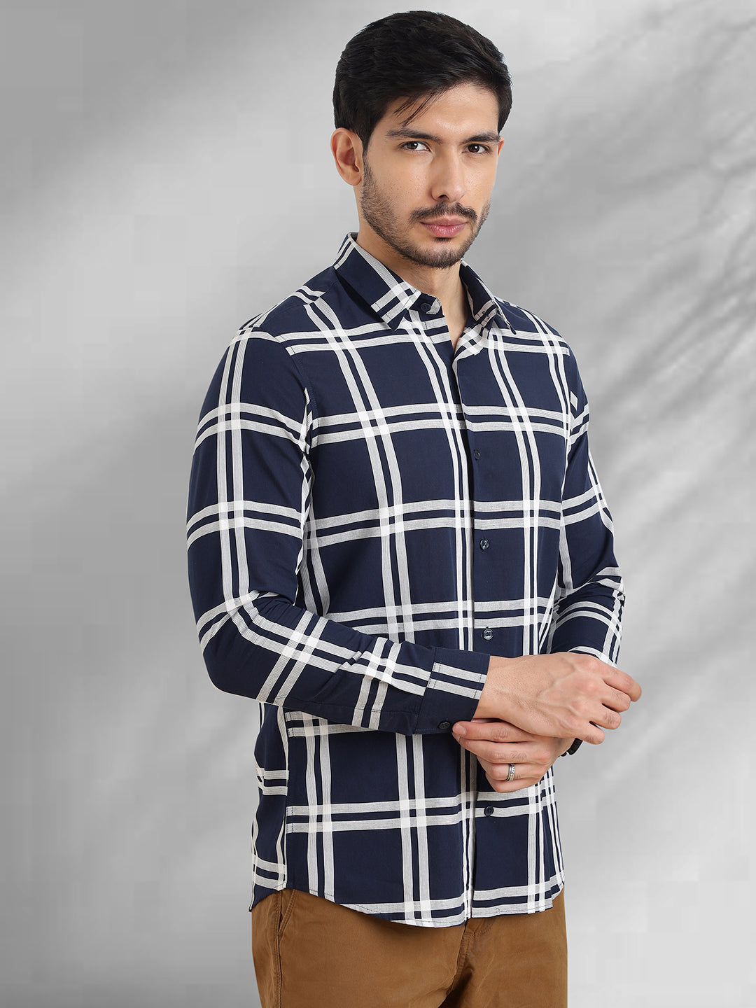 Men Navy and White Checkered Classic Fit Smart Casual Shirt