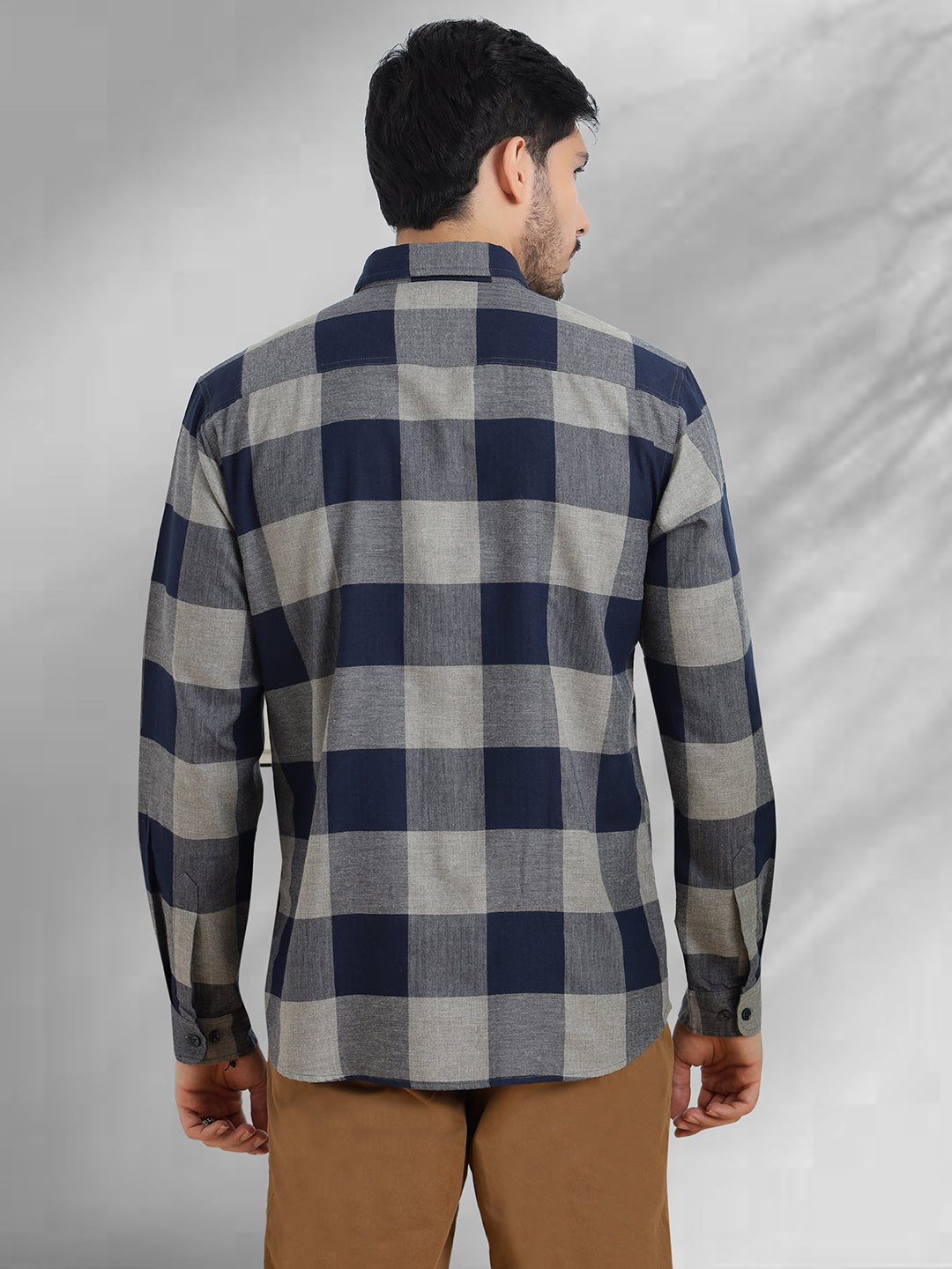 Men Navy and Grey Checkered Classic Fit Smart Casual Shirt
