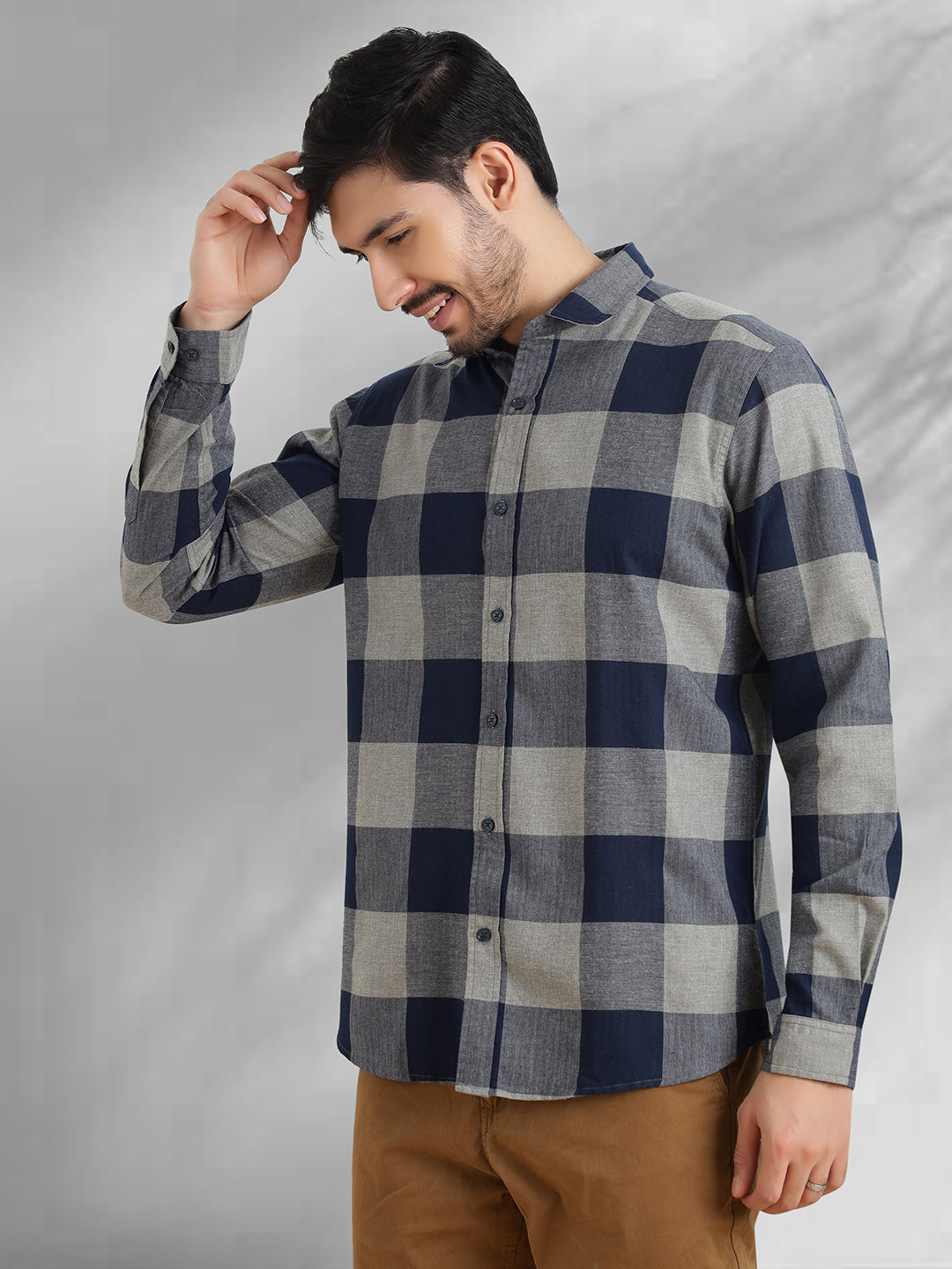Men Navy and Grey Checkered Classic Fit Smart Casual Shirt