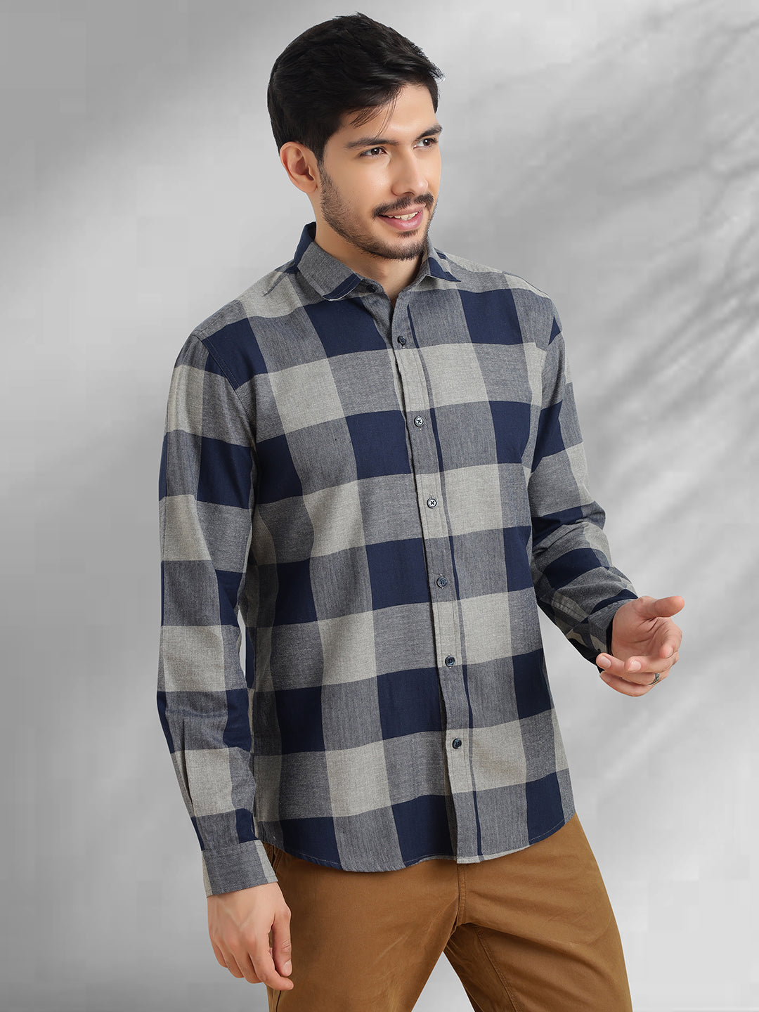 Men Navy and Grey Checkered Classic Fit Smart Casual Shirt