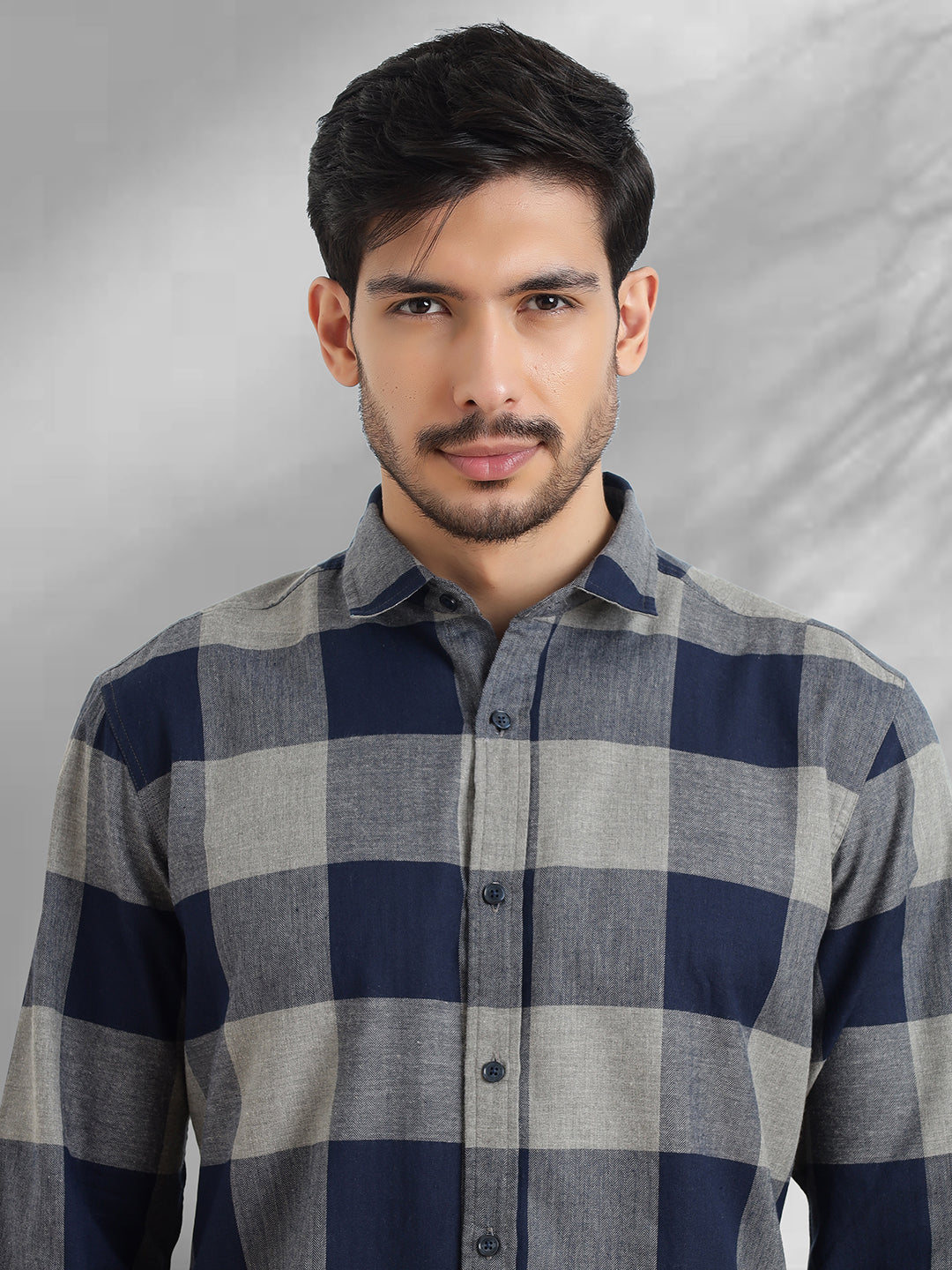 Men Navy and Grey Checkered Classic Fit Smart Casual Shirt