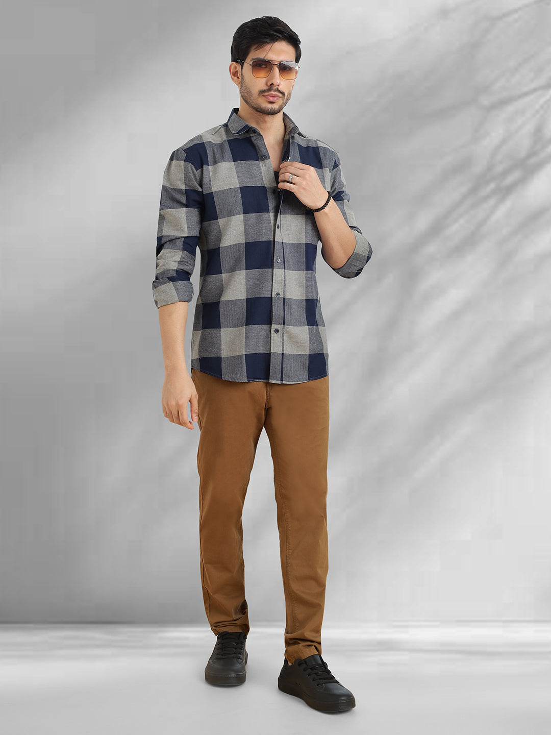Men Navy and Grey Checkered Classic Fit Smart Casual Shirt
