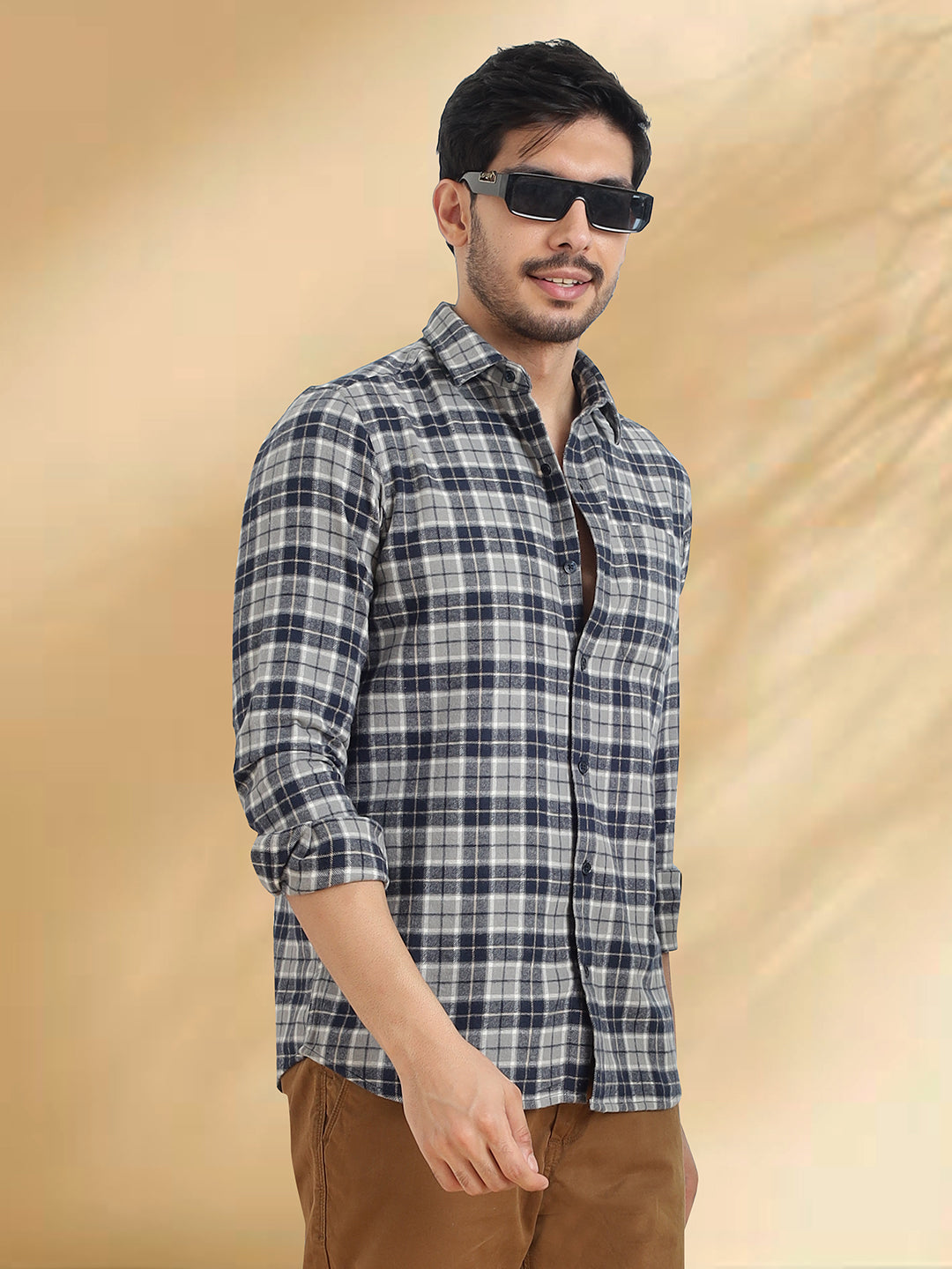 Men Brushed Flannel Navy, Grey and White Checkered Classic Fit Smart Casual Shirt
