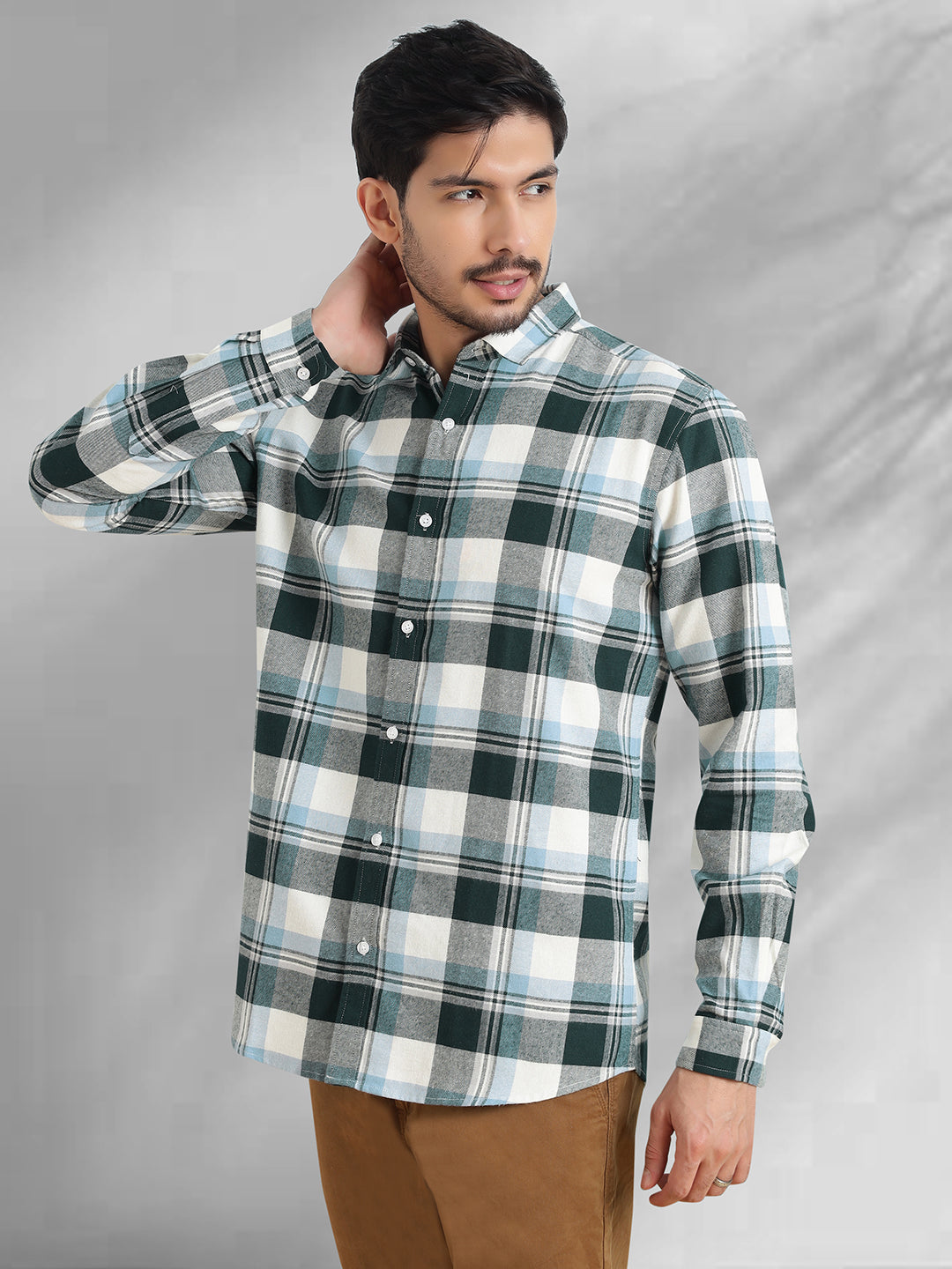 Men Brushed Flannel Sky Blue, Green and White Checkered Classic Fit Smart Casual Shirt