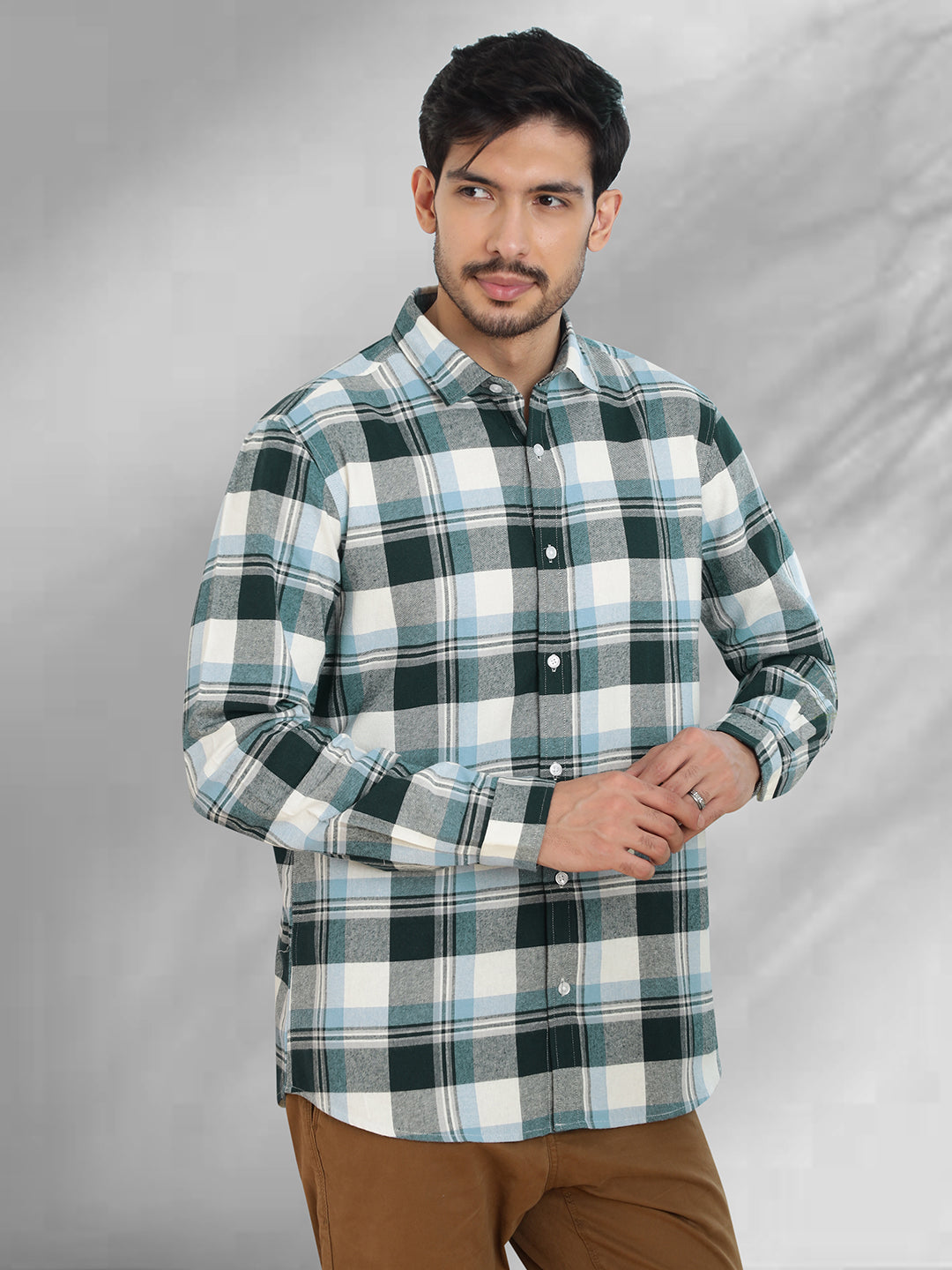 Men Brushed Flannel Sky Blue, Green and White Checkered Classic Fit Smart Casual Shirt
