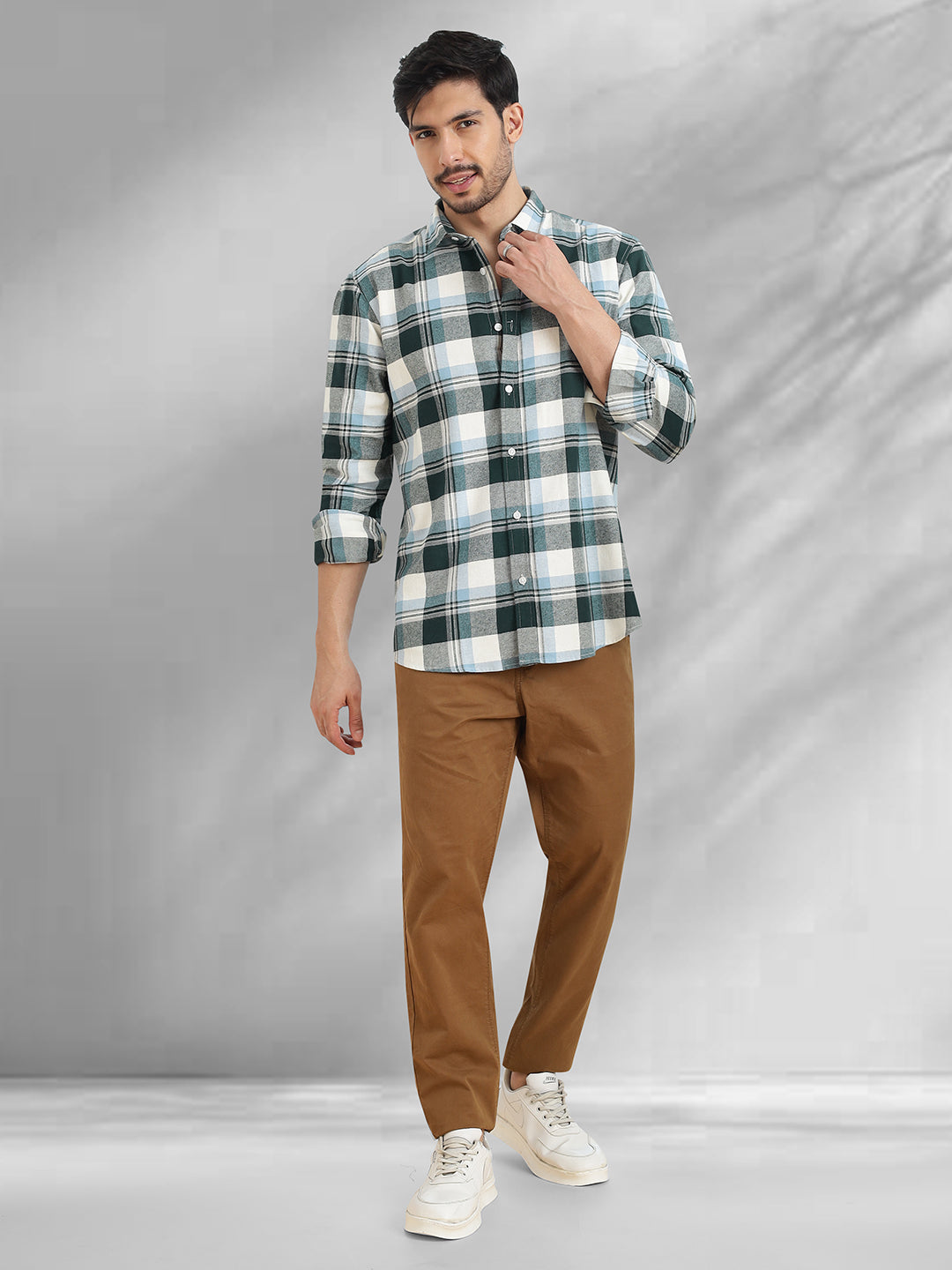 Men Brushed Flannel Sky Blue, Green and White Checkered Classic Fit Smart Casual Shirt