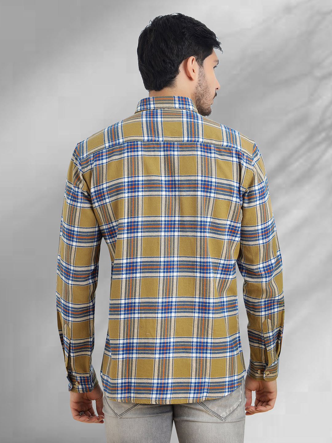 Men Brushed Flannel Khaki Navy and White Checkered Classic Fit Smart Casual Shirt