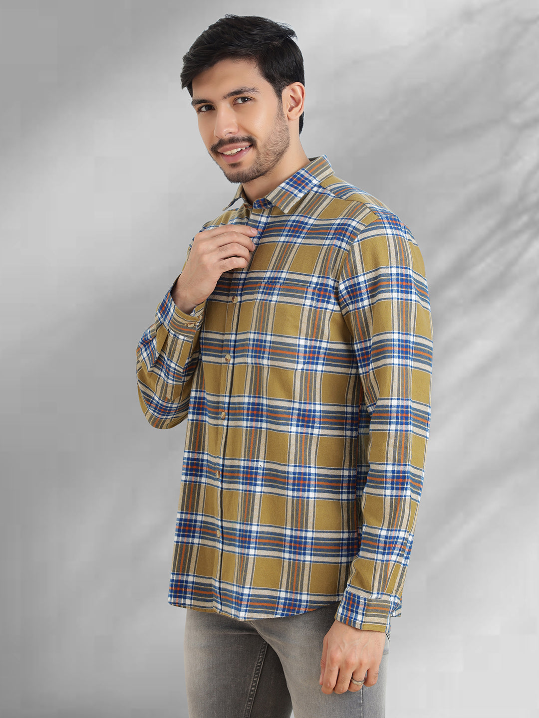 Men Brushed Flannel Khaki Navy and White Checkered Classic Fit Smart Casual Shirt