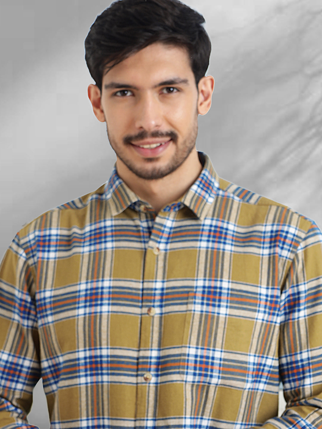 Men Brushed Flannel Khaki Navy and White Checkered Classic Fit Smart Casual Shirt