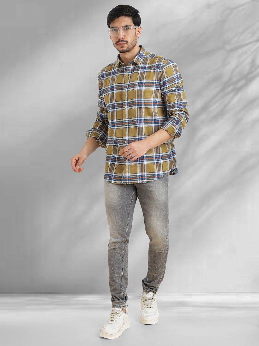 Men Brushed Flannel Khaki Navy and White Checkered Classic Fit Smart Casual Shirt