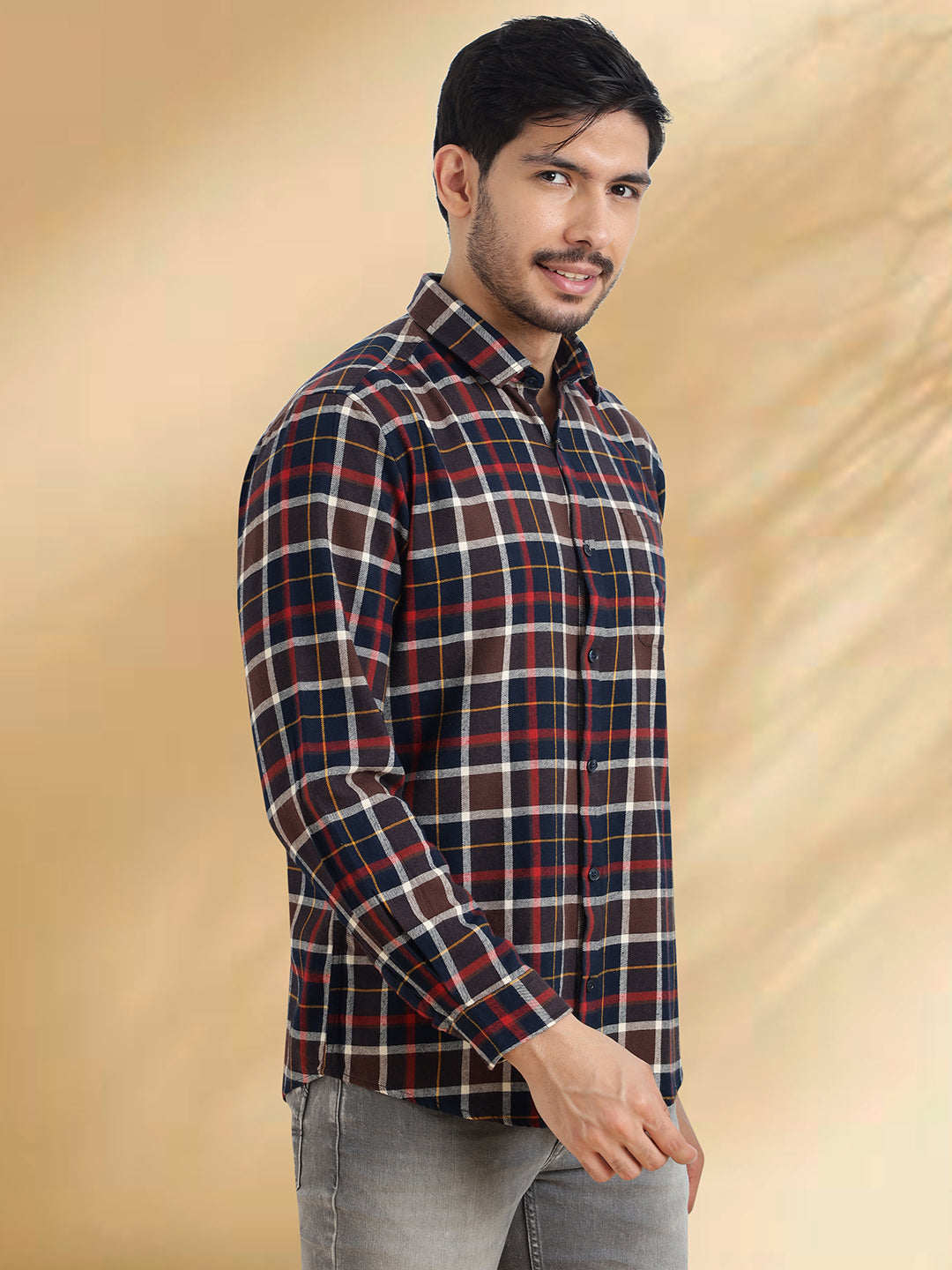 Men Brushed Flannel Navy Coffee and Maroon Checkered Classic Fit Smart Casual Shirt