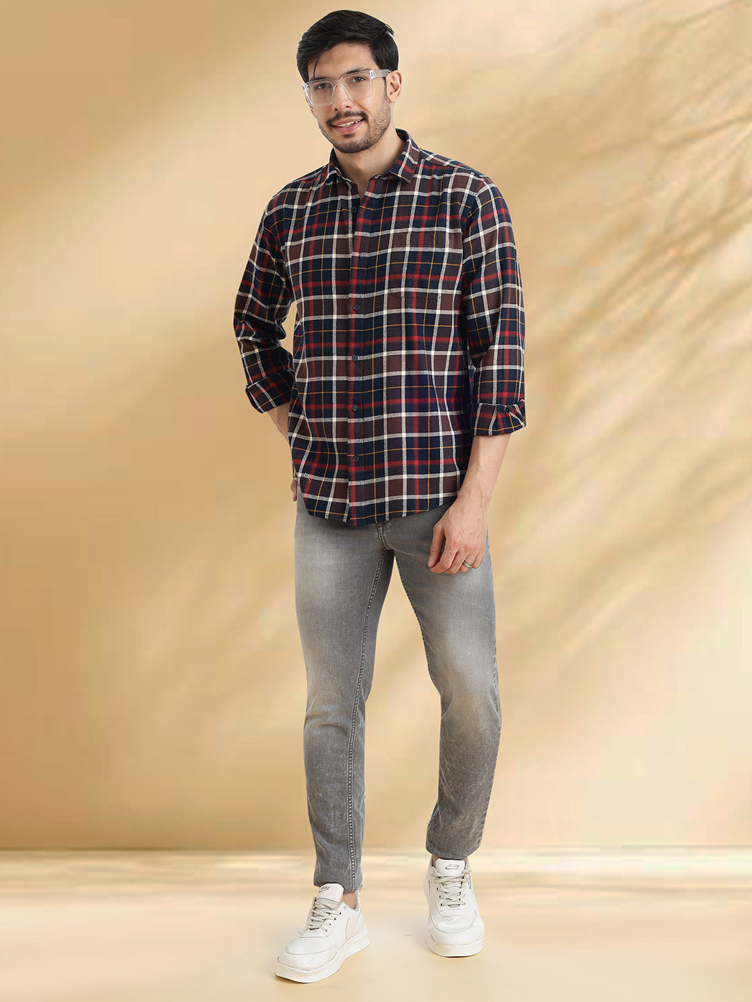 Men Brushed Flannel Navy Coffee and Maroon Checkered Classic Fit Smart Casual Shirt